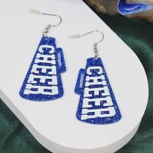 Blue Glitter Cheer Megaphone Earrings 📣 School Spirit Cheerleader Glam Dangles